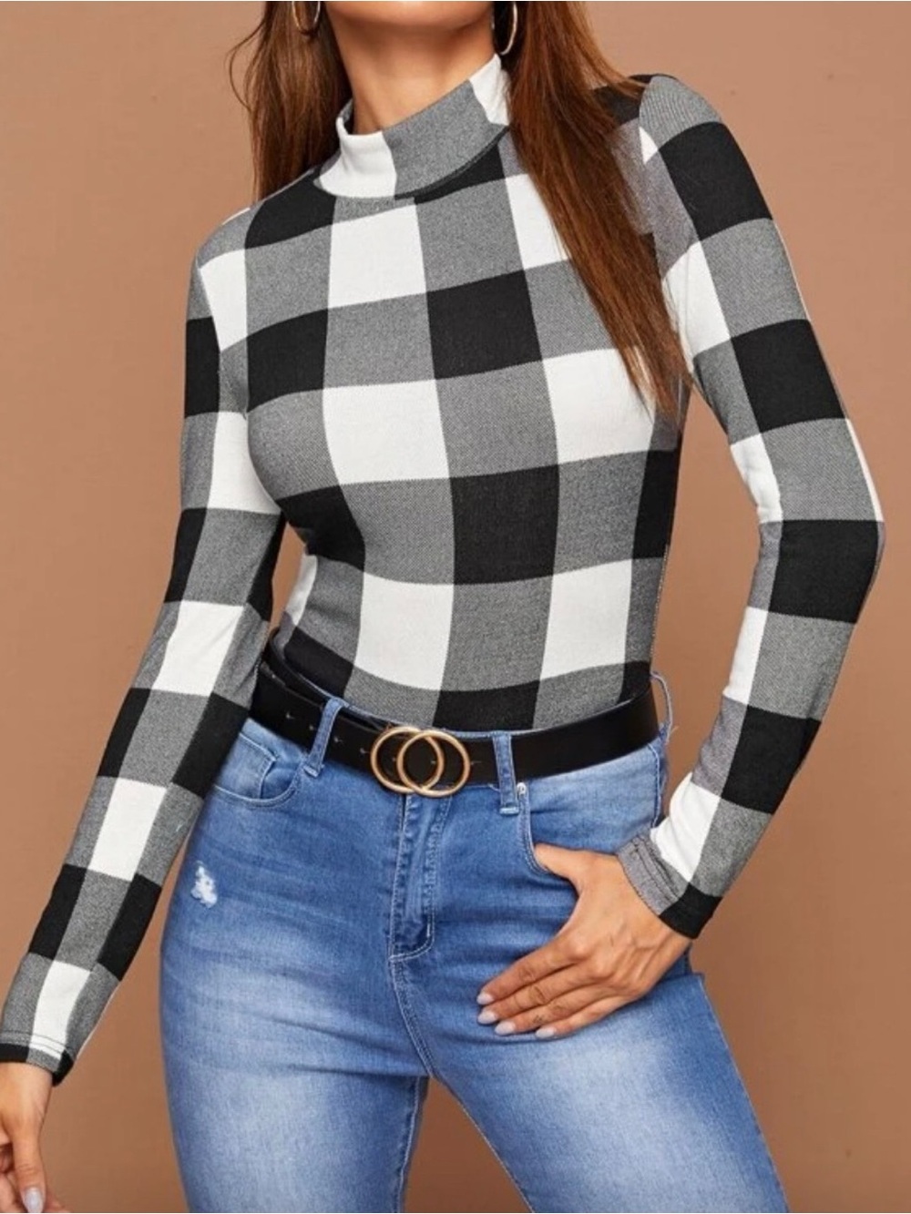 Mock Neck Buffalo Plaid Long Sleeve Top - Black & White
